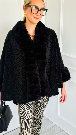 Plush Collar Poncho - Black