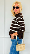Weekend Club Striped Polo Sweater - Brown-140 Sweaters-LOVE TREE-Coastal Bloom Boutique, find the trendiest versions of the popular styles and looks Located in Indialantic, FL