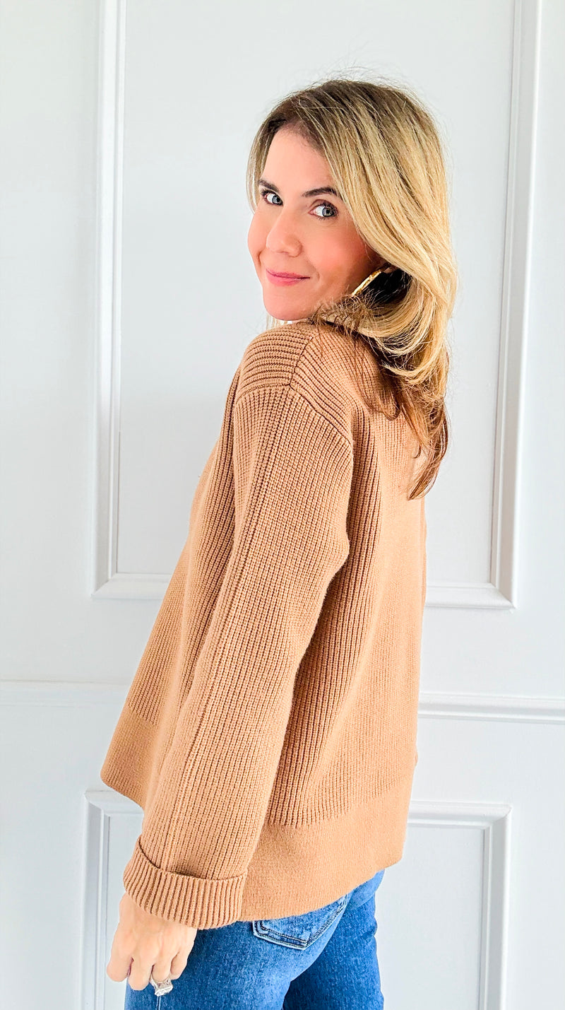 Ribbed Knit Half-Zip Sweater - Camel-140 Sweaters-English Factory-Coastal Bloom Boutique, find the trendiest versions of the popular styles and looks Located in Indialantic, FL