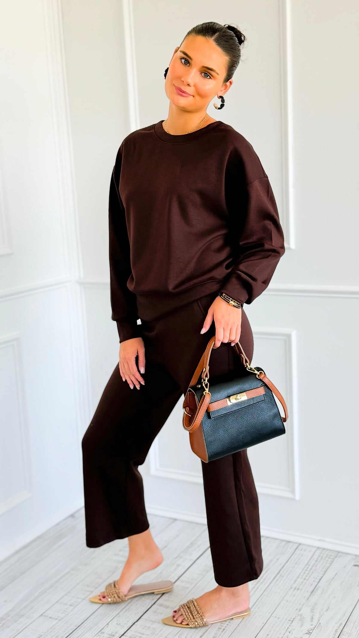Weekender Ease Scuba 2pc Pant Set - Coffee-210 Loungewear/Sets-YELETE-Coastal Bloom Boutique, find the trendiest versions of the popular styles and looks Located in Indialantic, FL