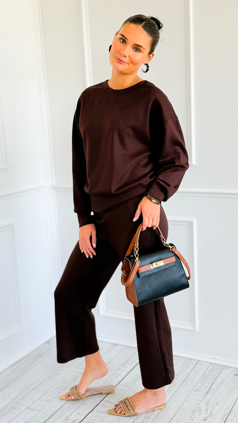 Weekender Ease Scuba 2pc Pant Set - Coffee-210 Loungewear/Sets-YELETE-Coastal Bloom Boutique, find the trendiest versions of the popular styles and looks Located in Indialantic, FL