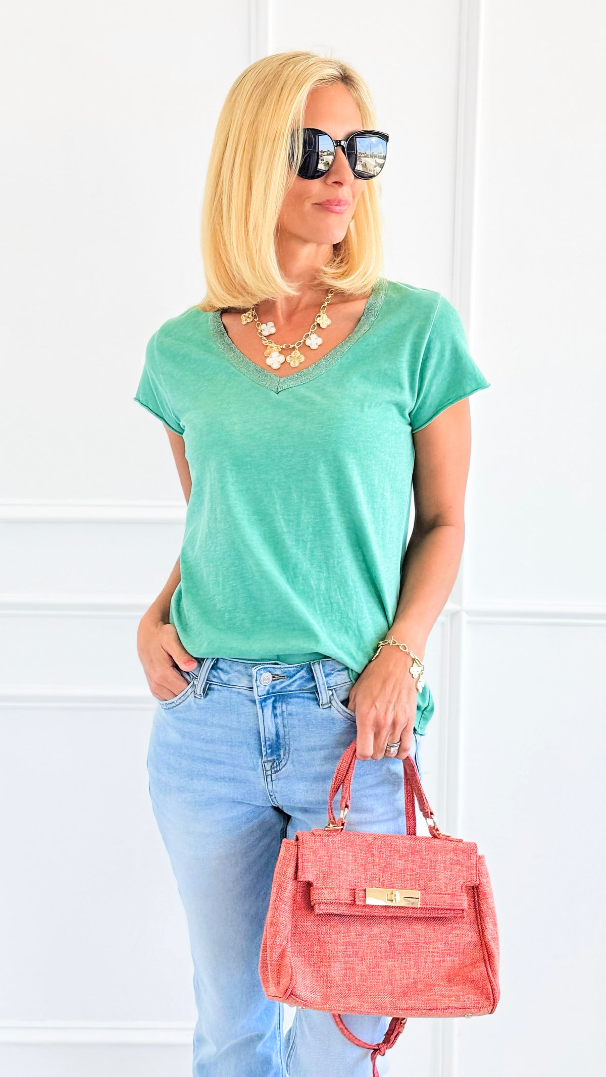 Shimmer Trim V-Neck Italian Top- Mint-110 short Sleeve Top-SARL LACOMY-Coastal Bloom Boutique, find the trendiest versions of the popular styles and looks Located in Indialantic, FL