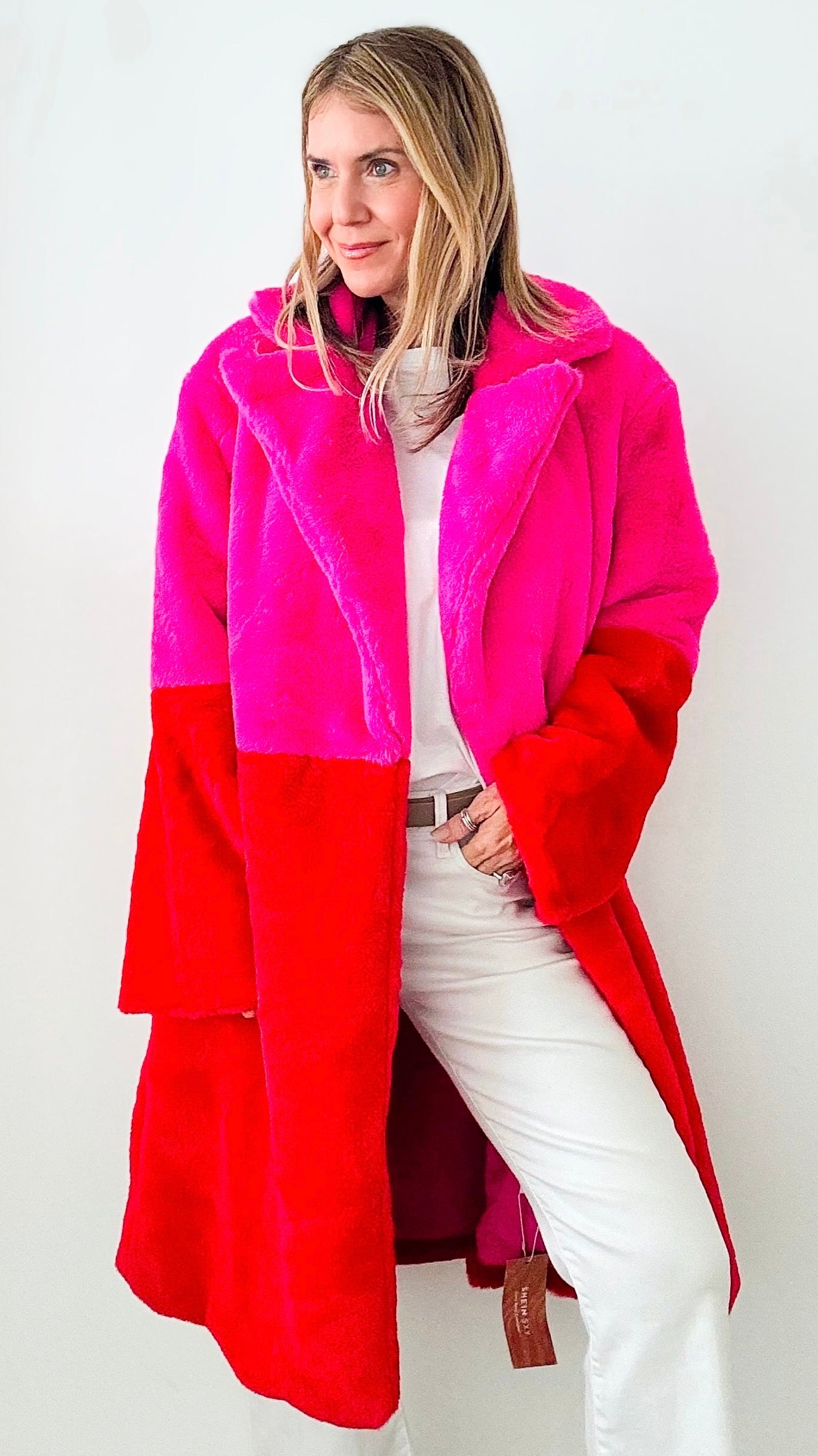 Colour block faux fur sale coat