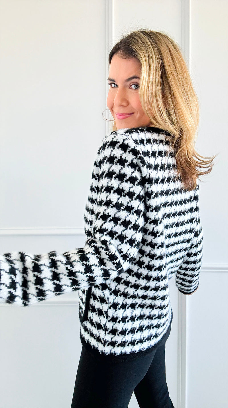 Houndstooth Tweed Jacket - White/ Black-160 Jackets-SANTOORI-Coastal Bloom Boutique, find the trendiest versions of the popular styles and looks Located in Indialantic, FL