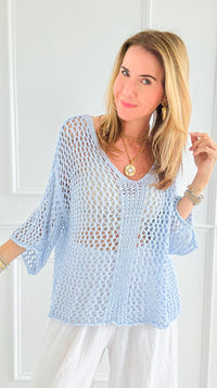 Sea Breeze Italian Crochet Top- Sky Blue-140 Sweaters-SEÑORITA C-Coastal Bloom Boutique, find the trendiest versions of the popular styles and looks Located in Indialantic, FL