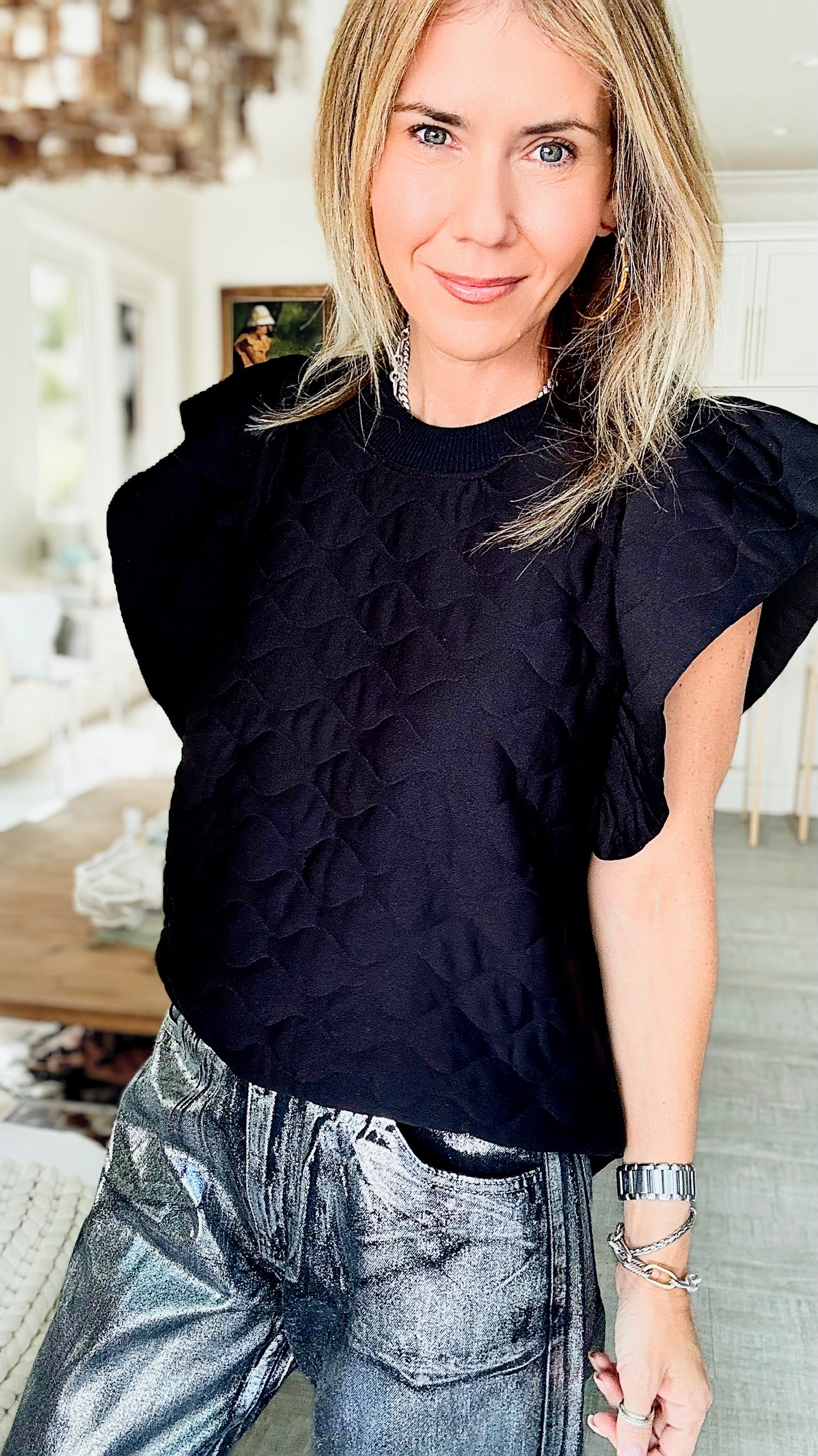 Quilted Ruffle Sleeve Top - Black-110 Short Sleeve Tops-Ces Femme-Coastal Bloom Boutique, find the trendiest versions of the popular styles and looks Located in Indialantic, FL