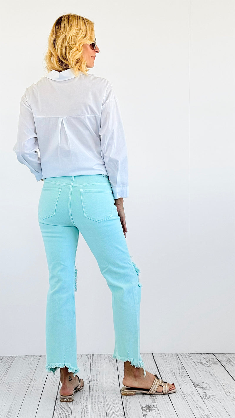 Knee Distressed High Rise Straight Jeans - Mint-190 Denim-Risen-Coastal Bloom Boutique, find the trendiest versions of the popular styles and looks Located in Indialantic, FL