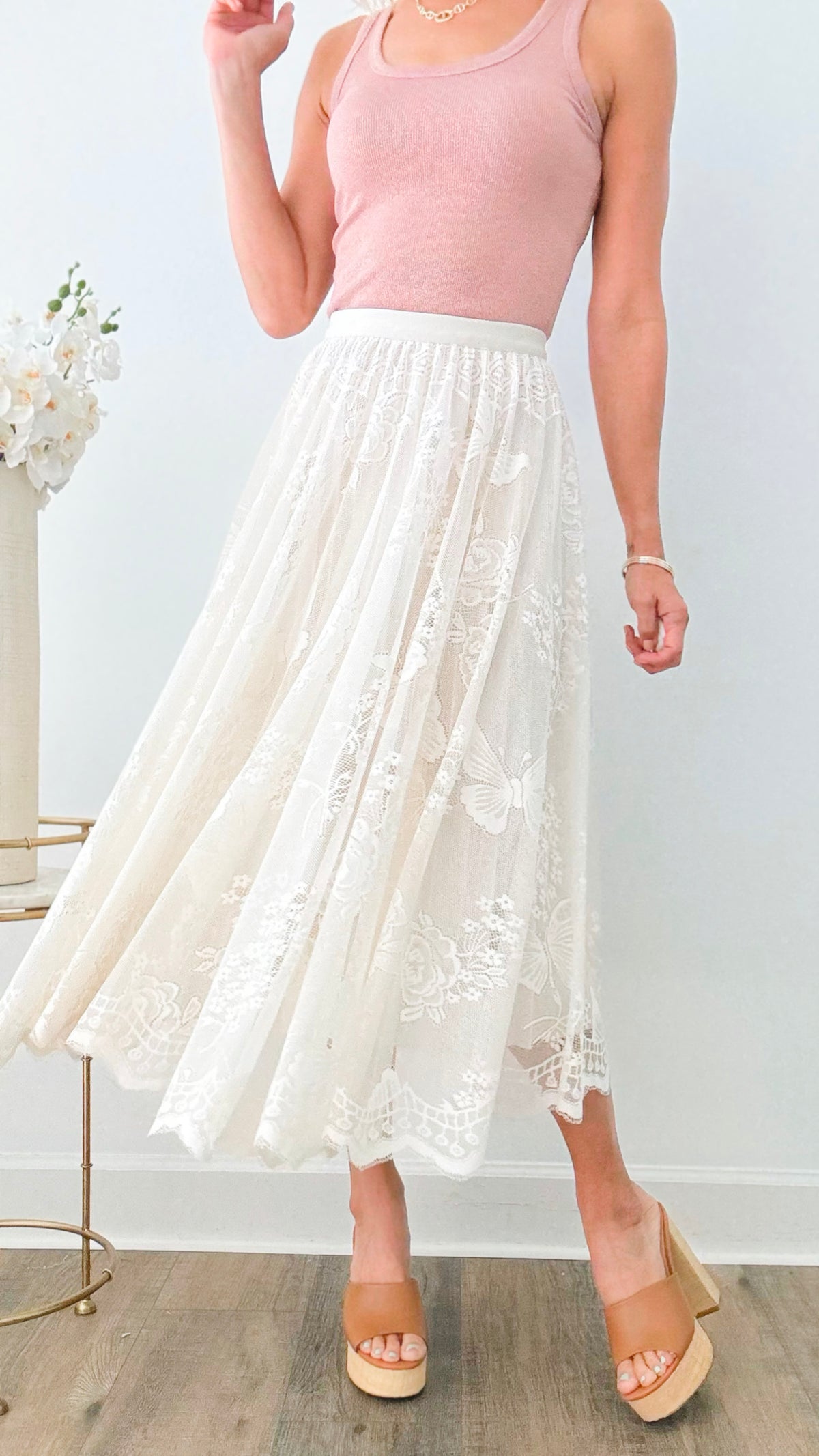 Fluttering Floral Midi Skirt - Cream-170 Bottoms-CBALY-Coastal Bloom Boutique, find the trendiest versions of the popular styles and looks Located in Indialantic, FL
