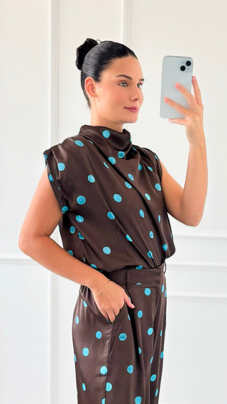 Draped Polka Dot Top - Blue/Brown