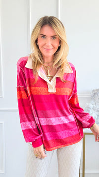 Sunset Stripes Polo Top-110 Long Sleeve Tops-ROUSSEAU-Coastal Bloom Boutique, find the trendiest versions of the popular styles and looks Located in Indialantic, FL