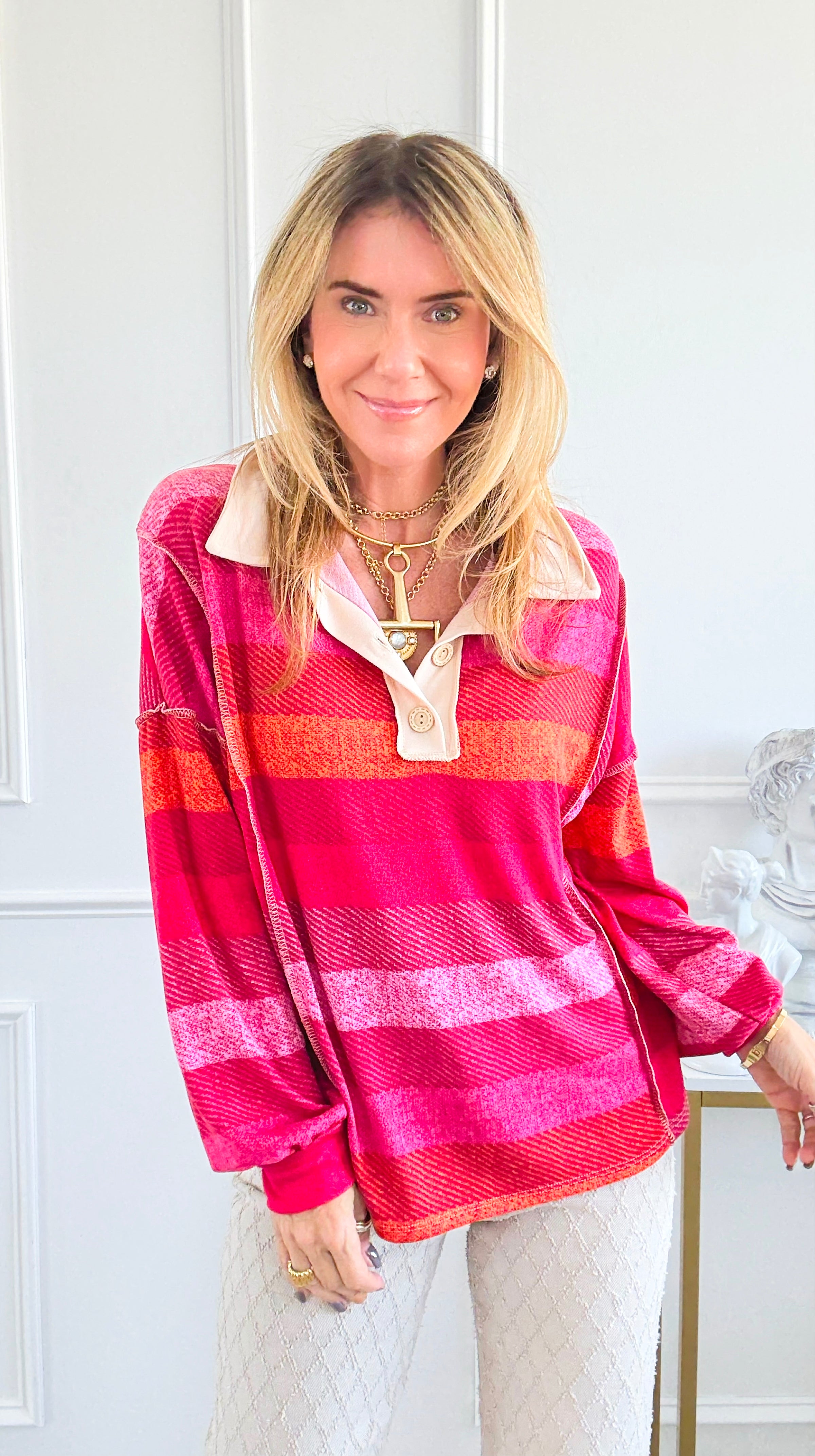 Sunset Stripes Polo Top-110 Long Sleeve Tops-ROUSSEAU-Coastal Bloom Boutique, find the trendiest versions of the popular styles and looks Located in Indialantic, FL