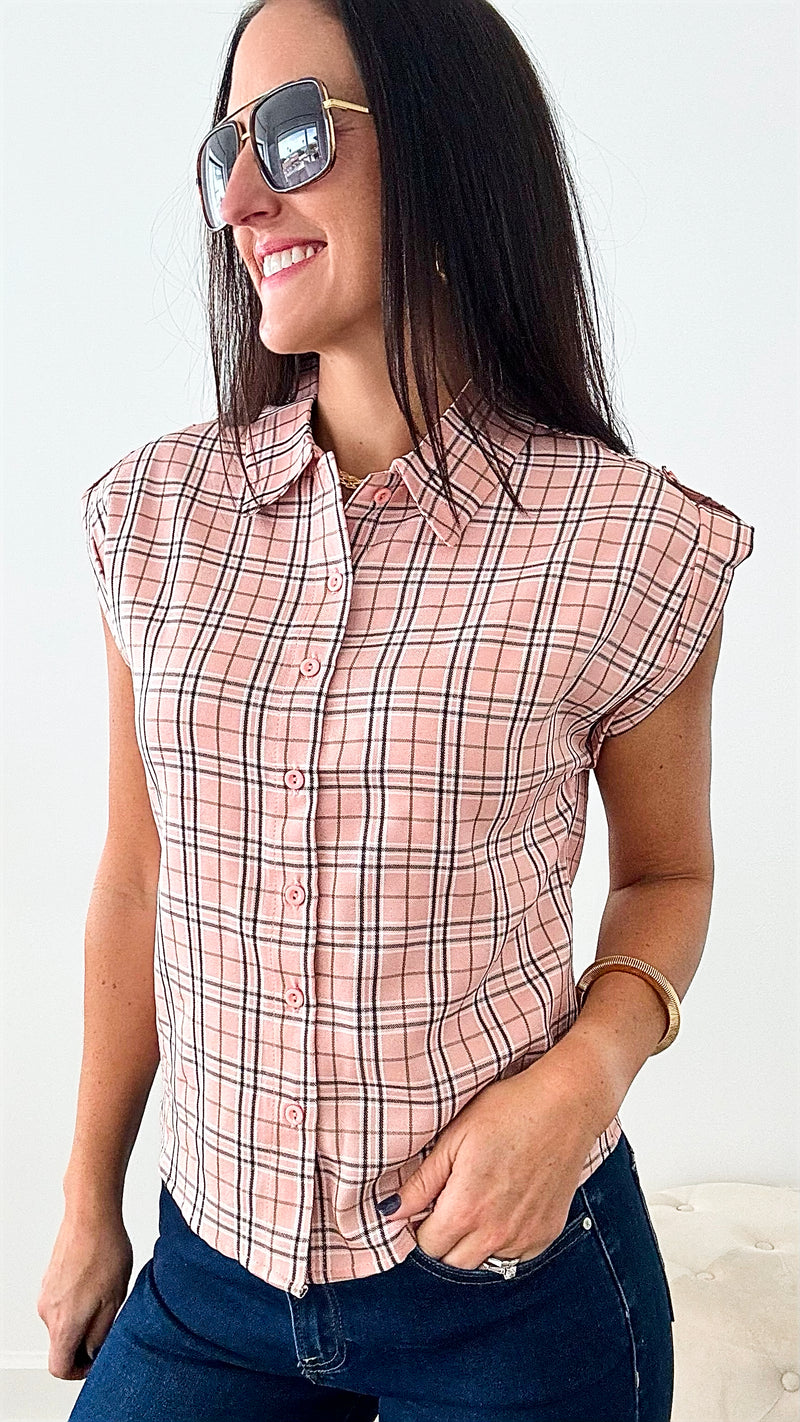Plaid Cuffed Sleeve Shirt Top - Blush-110 Short Sleeve Tops-ShopIrisBasic-Coastal Bloom Boutique, find the trendiest versions of the popular styles and looks Located in Indialantic, FL