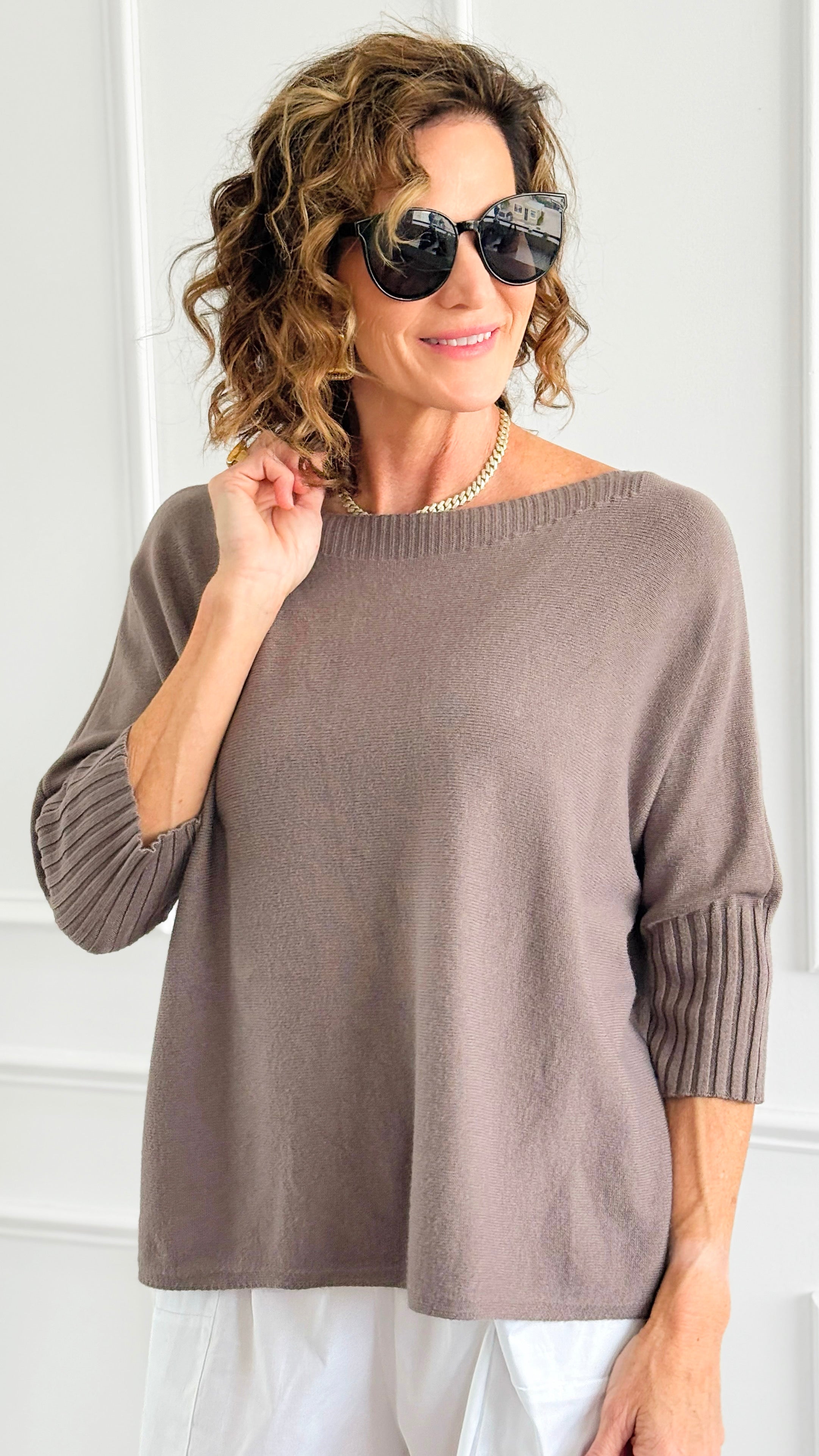 Break Free Round - Neck 3/4 Sleeve Italian Sweater Top - Dk Taupe-140 Sweaters-J.D. PRONTO MODA-Coastal Bloom Boutique, find the trendiest versions of the popular styles and looks Located in Indialantic, FL