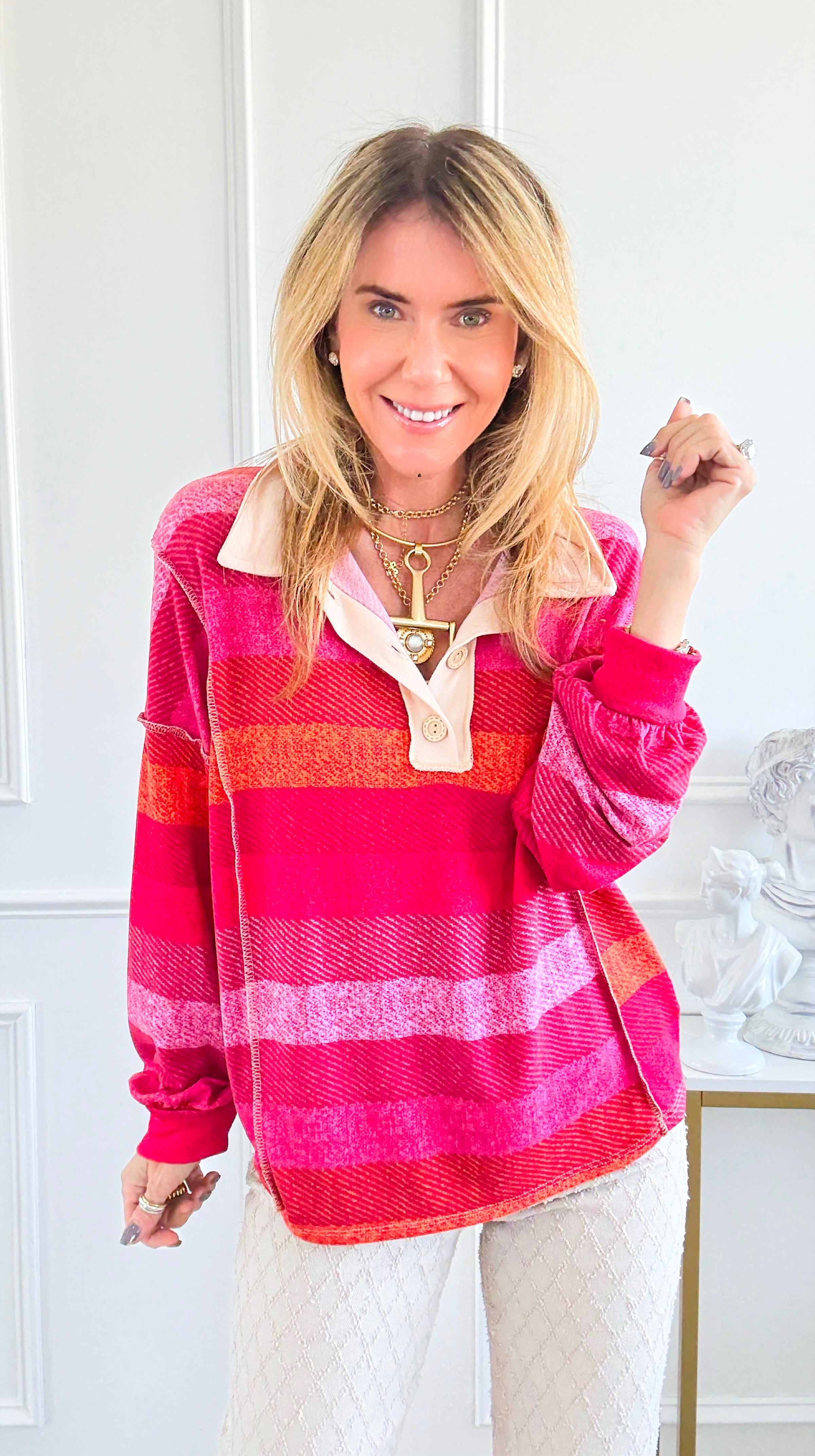 Sunset Stripes Polo Top-110 Long Sleeve Tops-ROUSSEAU-Coastal Bloom Boutique, find the trendiest versions of the popular styles and looks Located in Indialantic, FL