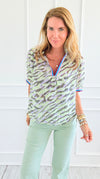 Savanna Breeze Striped Trim Blouse-110 short Sleeve Top-VOY-Coastal Bloom Boutique, find the trendiest versions of the popular styles and looks Located in Indialantic, FL