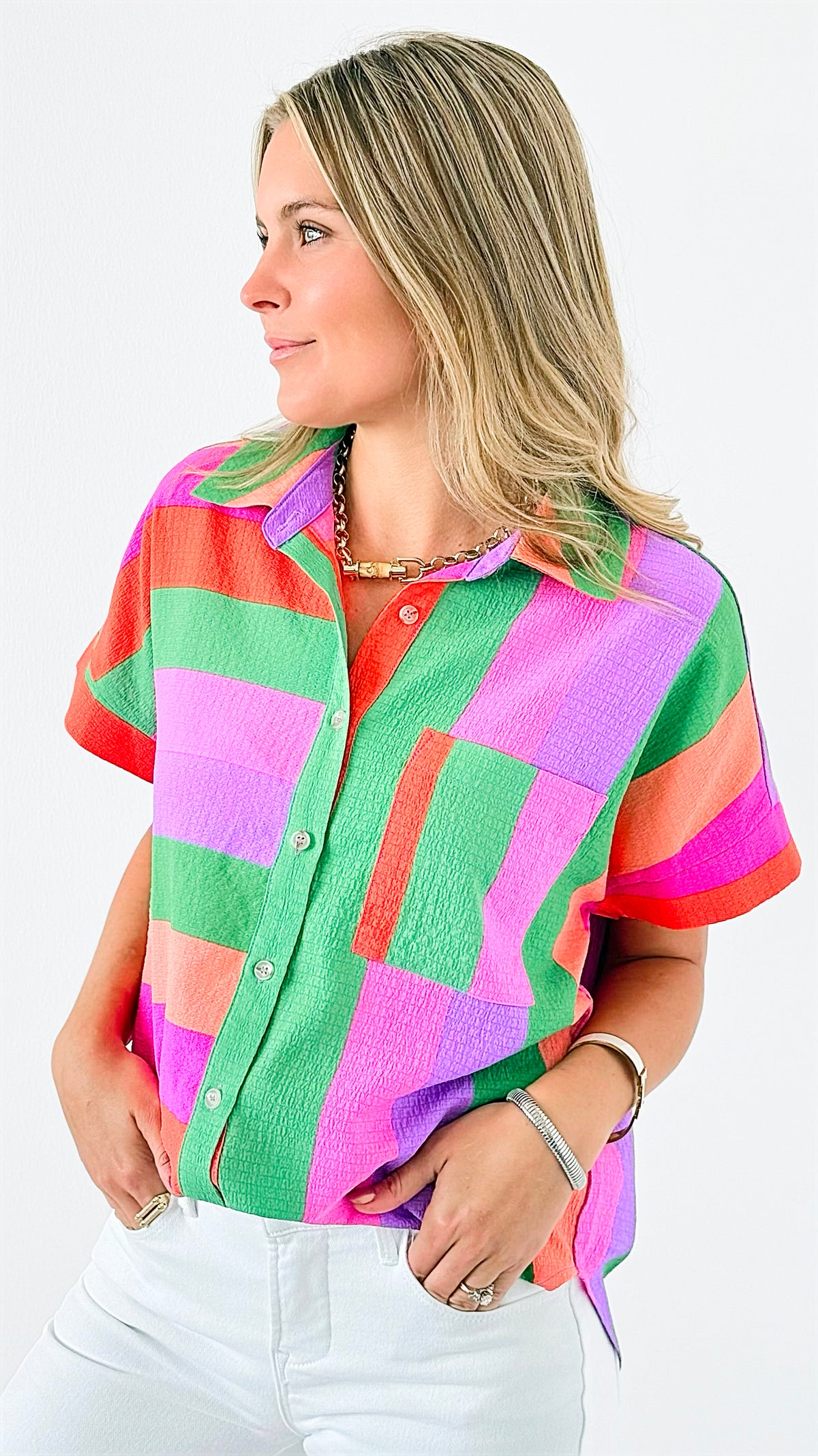 Striped Button-Up Top-130 Long sleeve top-Jodifl-Coastal Bloom Boutique, find the trendiest versions of the popular styles and looks Located in Indialantic, FL