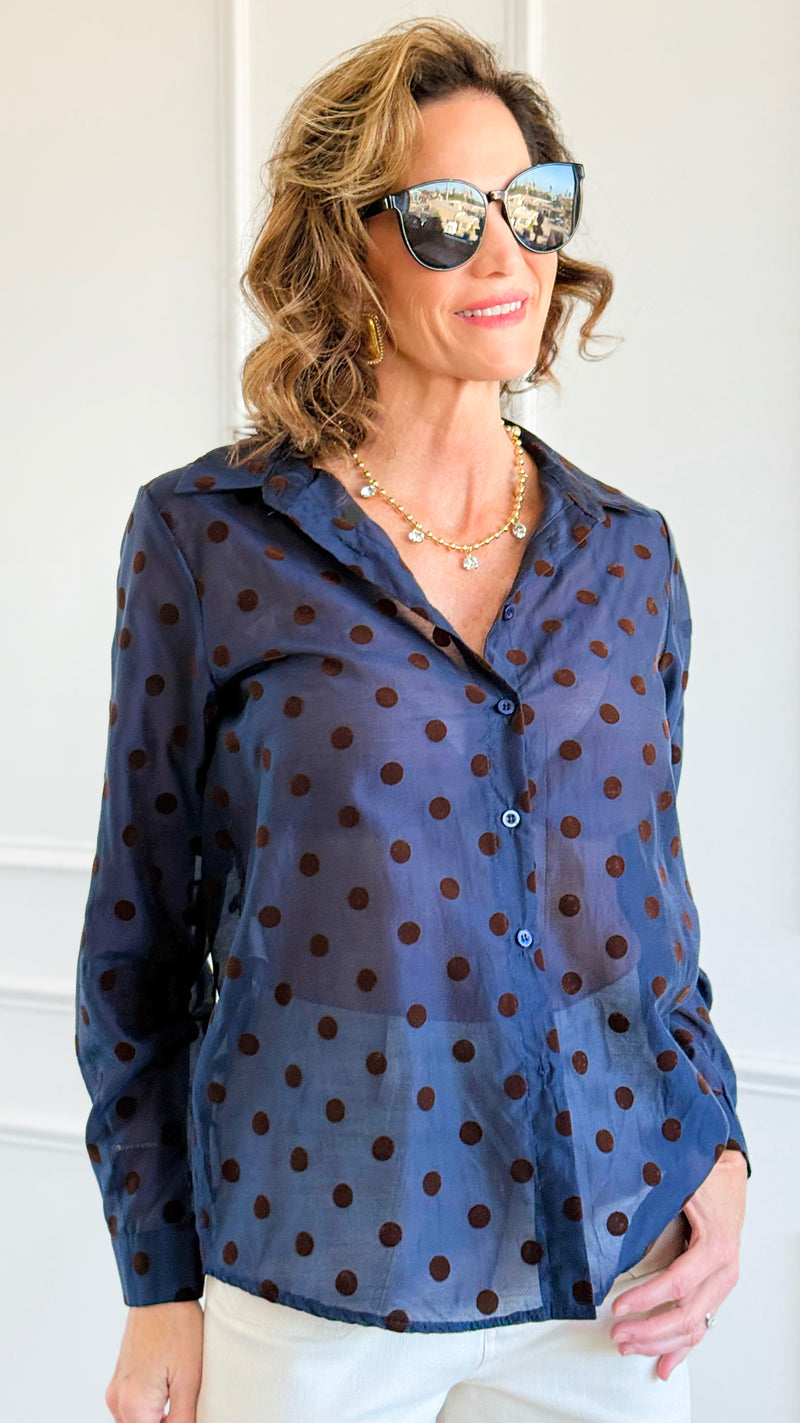 Charmed In Dots Italian Button Up Top- Navy-170 Bottoms-AZUL MONACO-Coastal Bloom Boutique, find the trendiest versions of the popular styles and looks Located in Indialantic, FL
