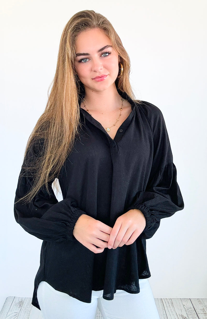 Savannah Breeze Peasant Blouse - Black-130 Long Sleeve Tops-ROUSSEAU-Coastal Bloom Boutique, find the trendiest versions of the popular styles and looks Located in Indialantic, FL