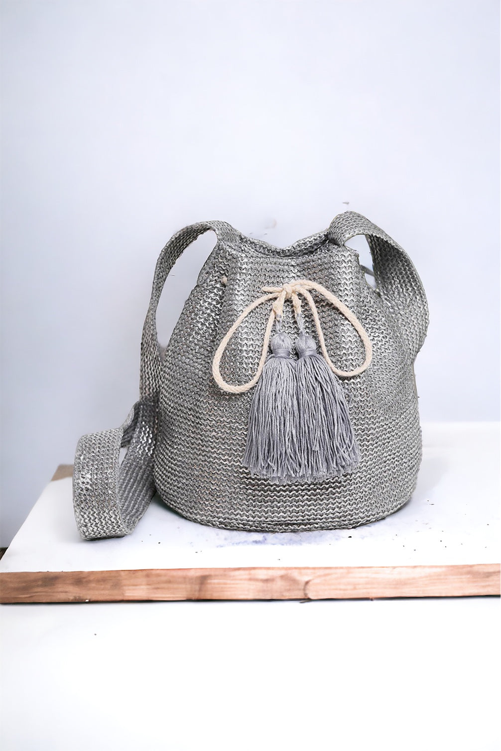 Straw Crossbody Bucket Bag - Silver-240 Bags-Wona Trading-Coastal Bloom Boutique, find the trendiest versions of the popular styles and looks Located in Indialantic, FL