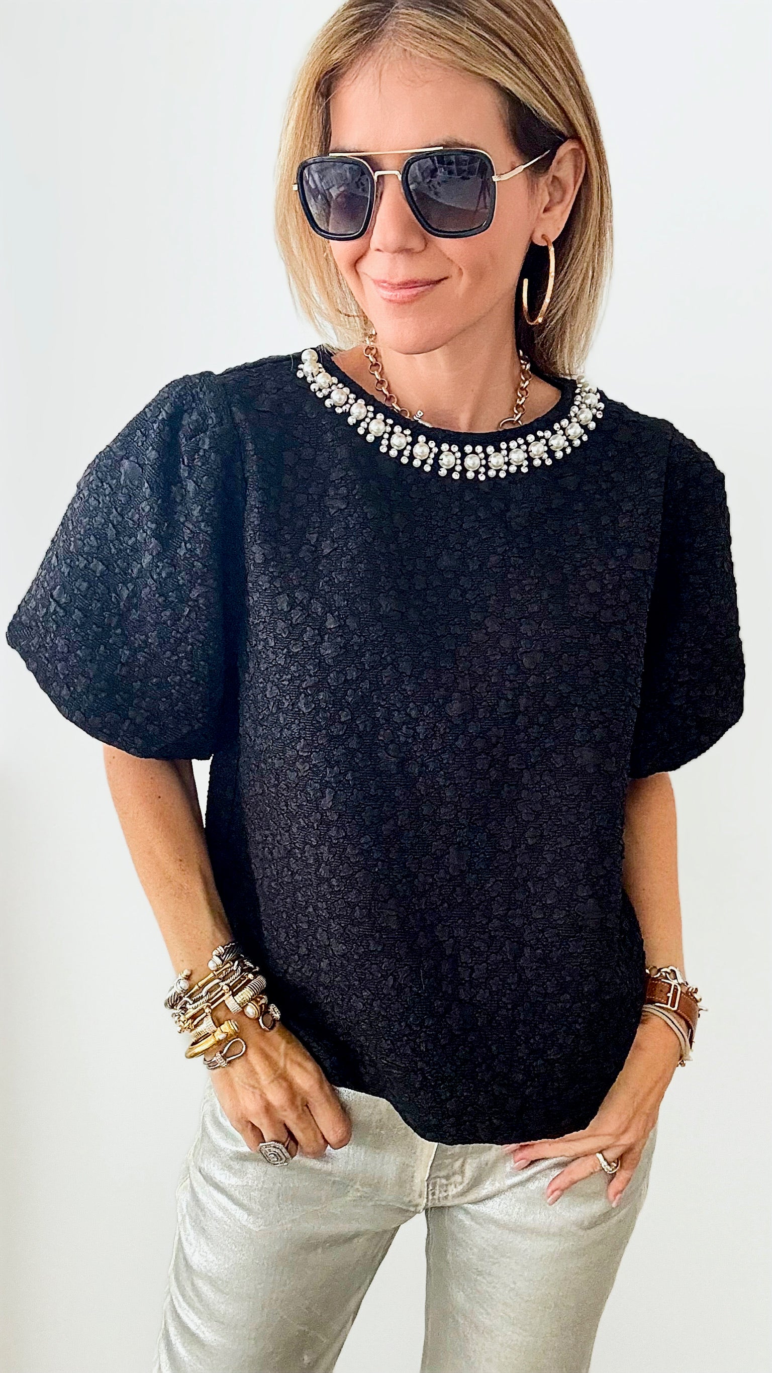 Windelle Textured Top - Black-110 Short Sleeve Tops-Joh Apparel-Coastal Bloom Boutique, find the trendiest versions of the popular styles and looks Located in Indialantic, FL