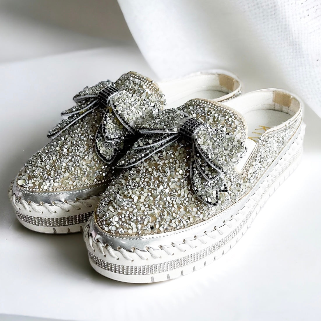 Bow Detailed Sequin Shoes-Silver-250 Shoes-CBALY-Coastal Bloom Boutique, find the trendiest versions of the popular styles and looks Located in Indialantic, FL