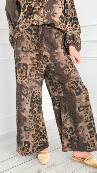 Spiced Leopard Wide Leg Italian Pant- Brown