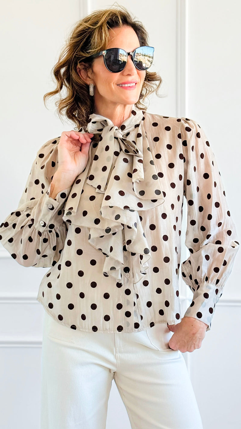 Dot Darling Ruffle Italian Button Down Top-110 Long Sleeve Tops-AZUL MONACO-Coastal Bloom Boutique, find the trendiest versions of the popular styles and looks Located in Indialantic, FL