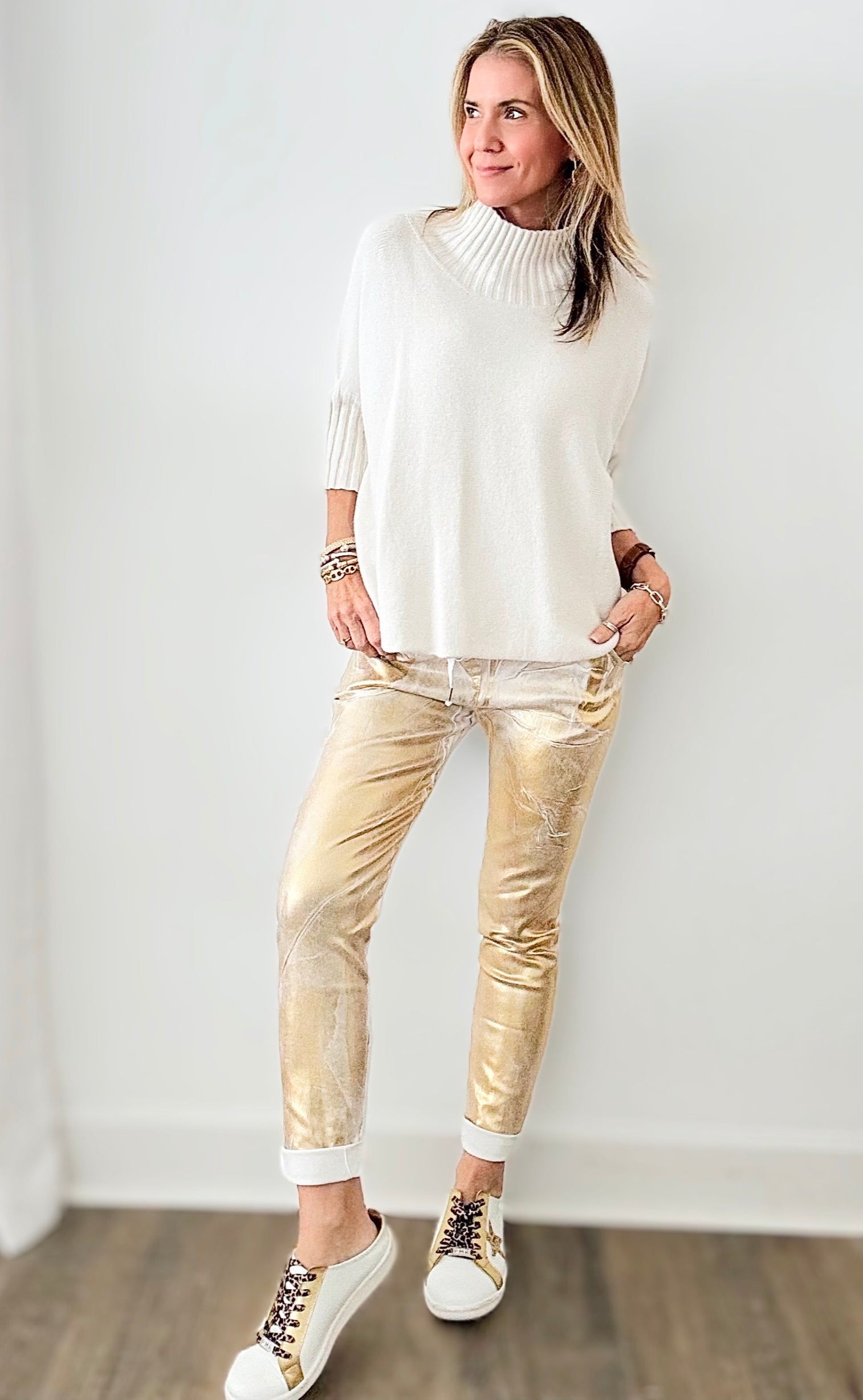 Glistening Italian Joggers - White / Gold-180 Joggers-Germany-Coastal Bloom Boutique, find the trendiest versions of the popular styles and looks Located in Indialantic, FL