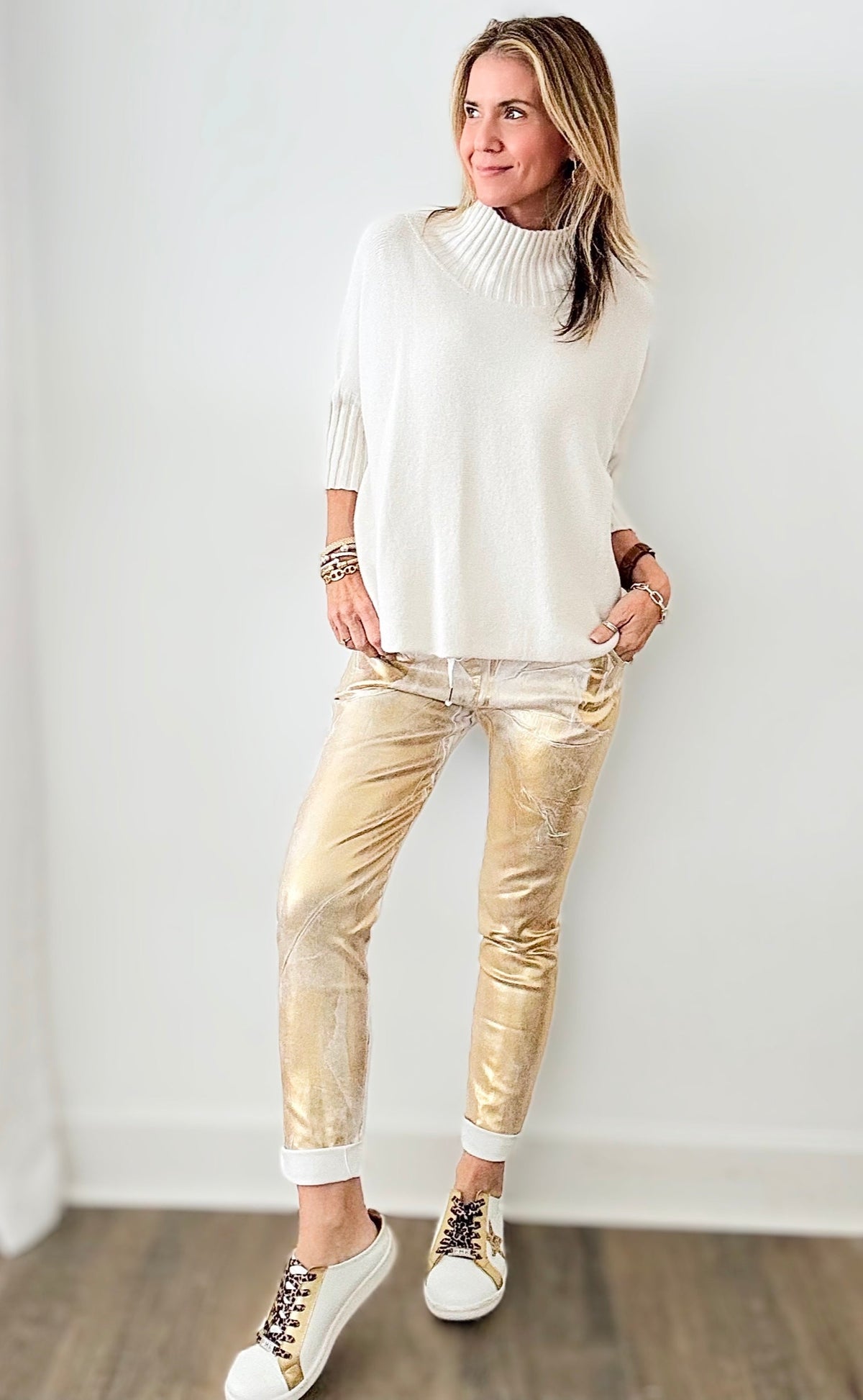 Glistening Gold Foil Italian Joggers - Off White-180 Joggers-Look Mode-Coastal Bloom Boutique, find the trendiest versions of the popular styles and looks Located in Indialantic, FL