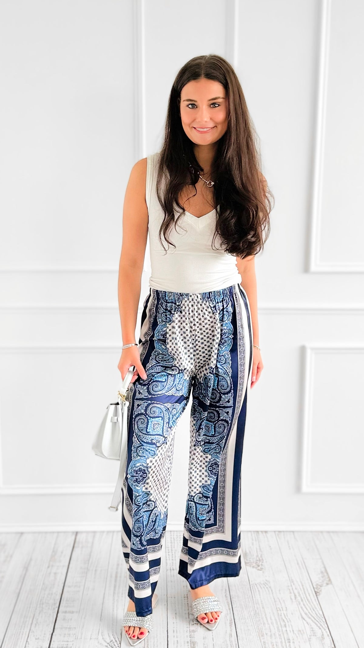 Paisley Bliss Italian Pants- Navy-100 Pants-SEE YOU IN ROME-Coastal Bloom Boutique, find the trendiest versions of the popular styles and looks Located in Indialantic, FL