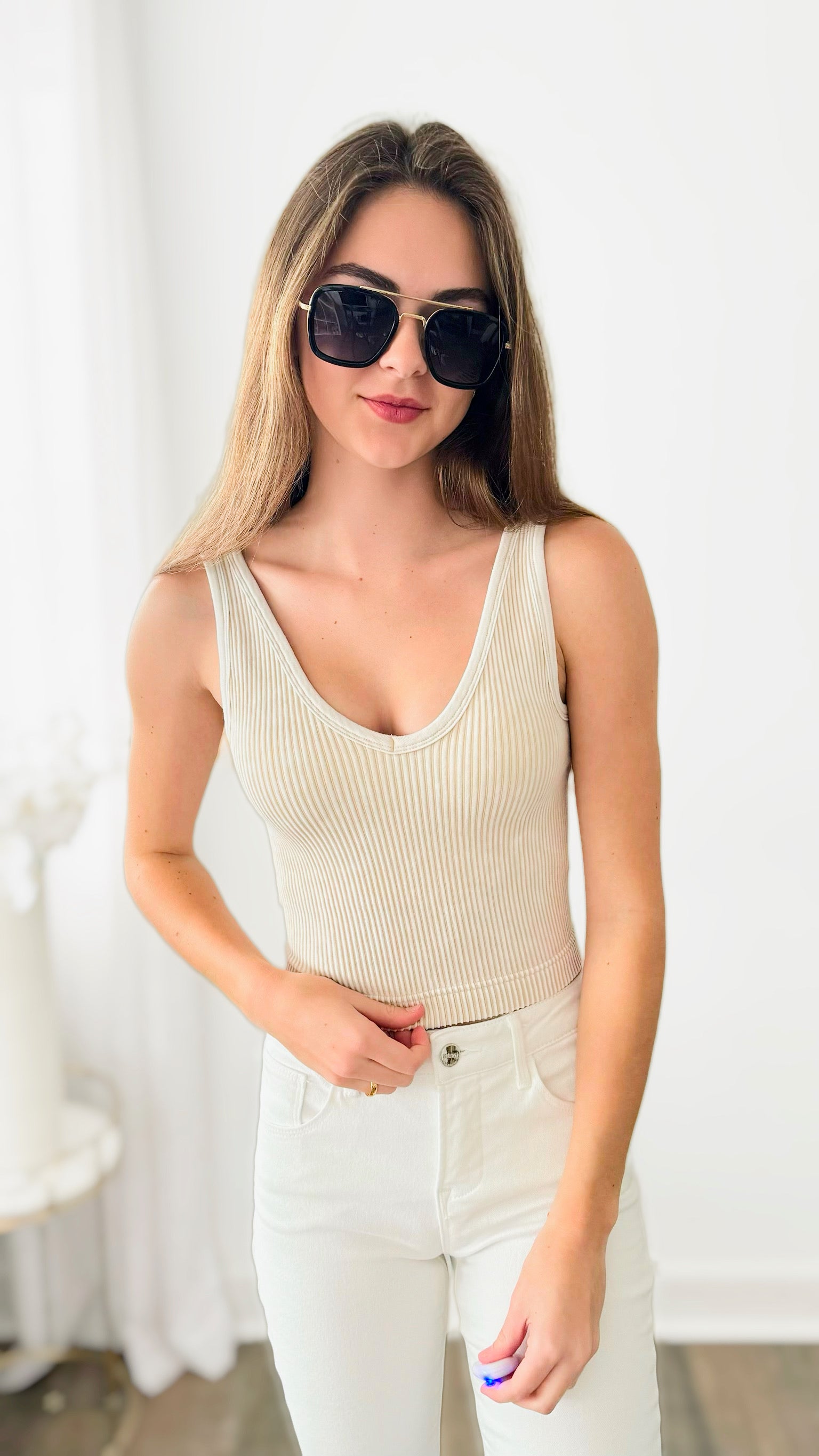 Washed Ribbed Bra Padded Tank Top - Sand Beige-220 Intimates-Zenana-Coastal Bloom Boutique, find the trendiest versions of the popular styles and looks Located in Indialantic, FL