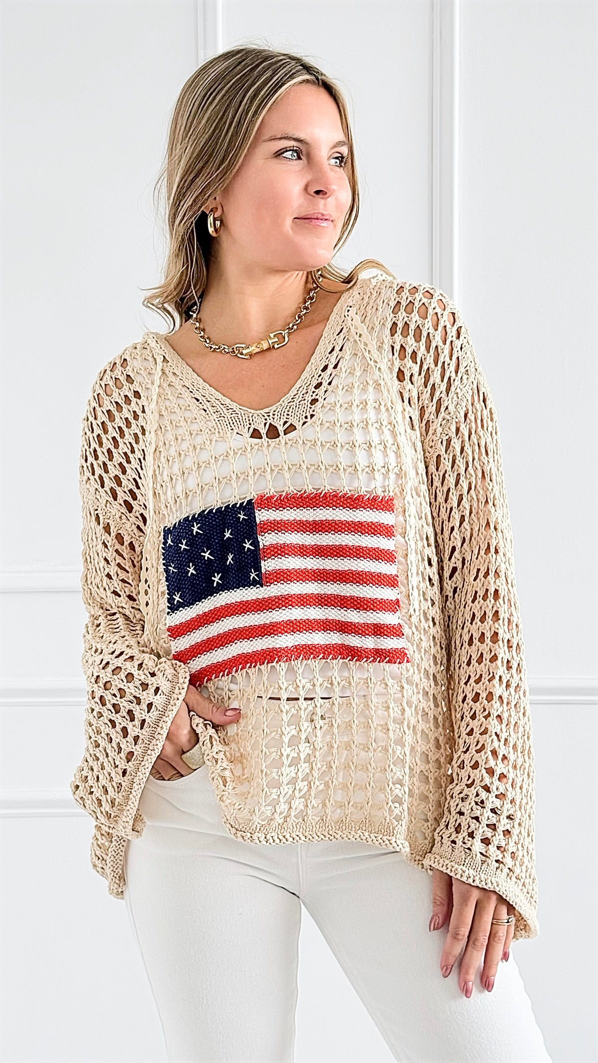 Patriot Spirit Crochet Sweater-140 Sweaters-POL-Coastal Bloom Boutique, find the trendiest versions of the popular styles and looks Located in Indialantic, FL