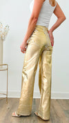 Metallic Foil Wide Leg Pants - Gold-170 Bottoms-Vibrant M.i.U-Coastal Bloom Boutique, find the trendiest versions of the popular styles and looks Located in Indialantic, FL
