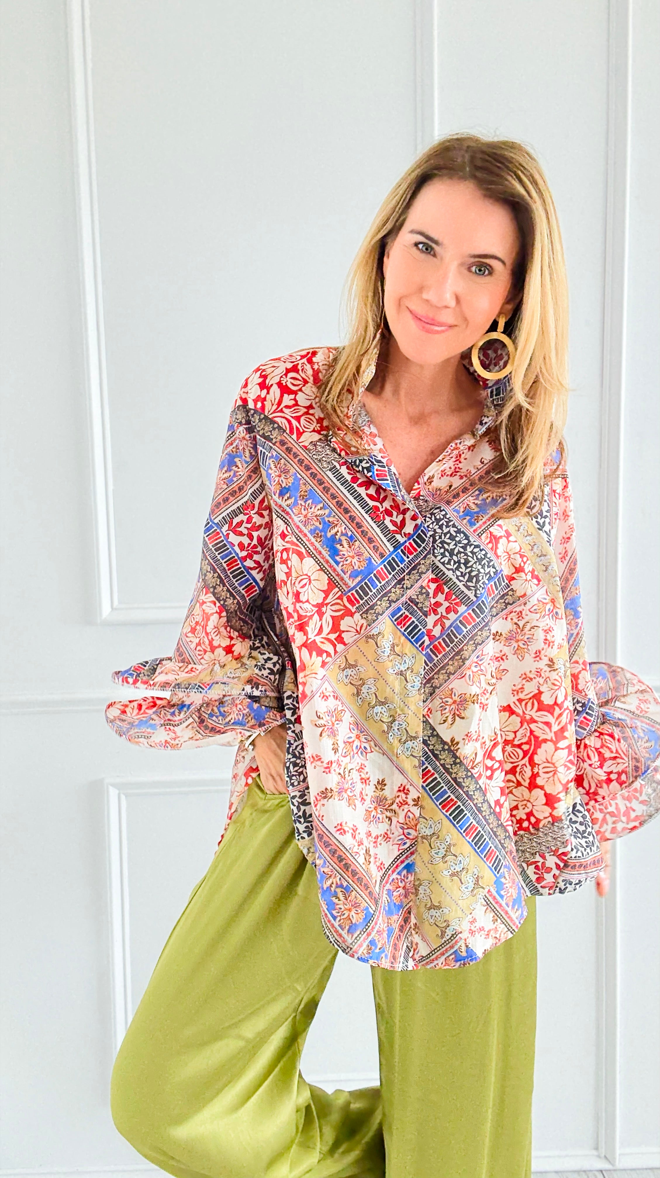 Garden Mosaic Ruffle Bell Sleeve Italian Blouse-130 Long sleeve top-SEÑORITA C-Coastal Bloom Boutique, find the trendiest versions of the popular styles and looks Located in Indialantic, FL