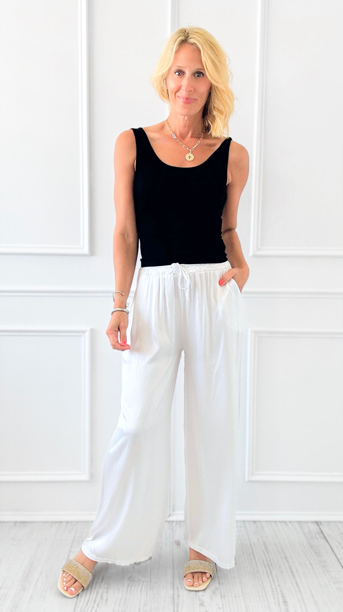 Angora Italian Satin Pant - White-170 Bottoms-Italianissimo-Coastal Bloom Boutique, find the trendiest versions of the popular styles and looks Located in Indialantic, FL