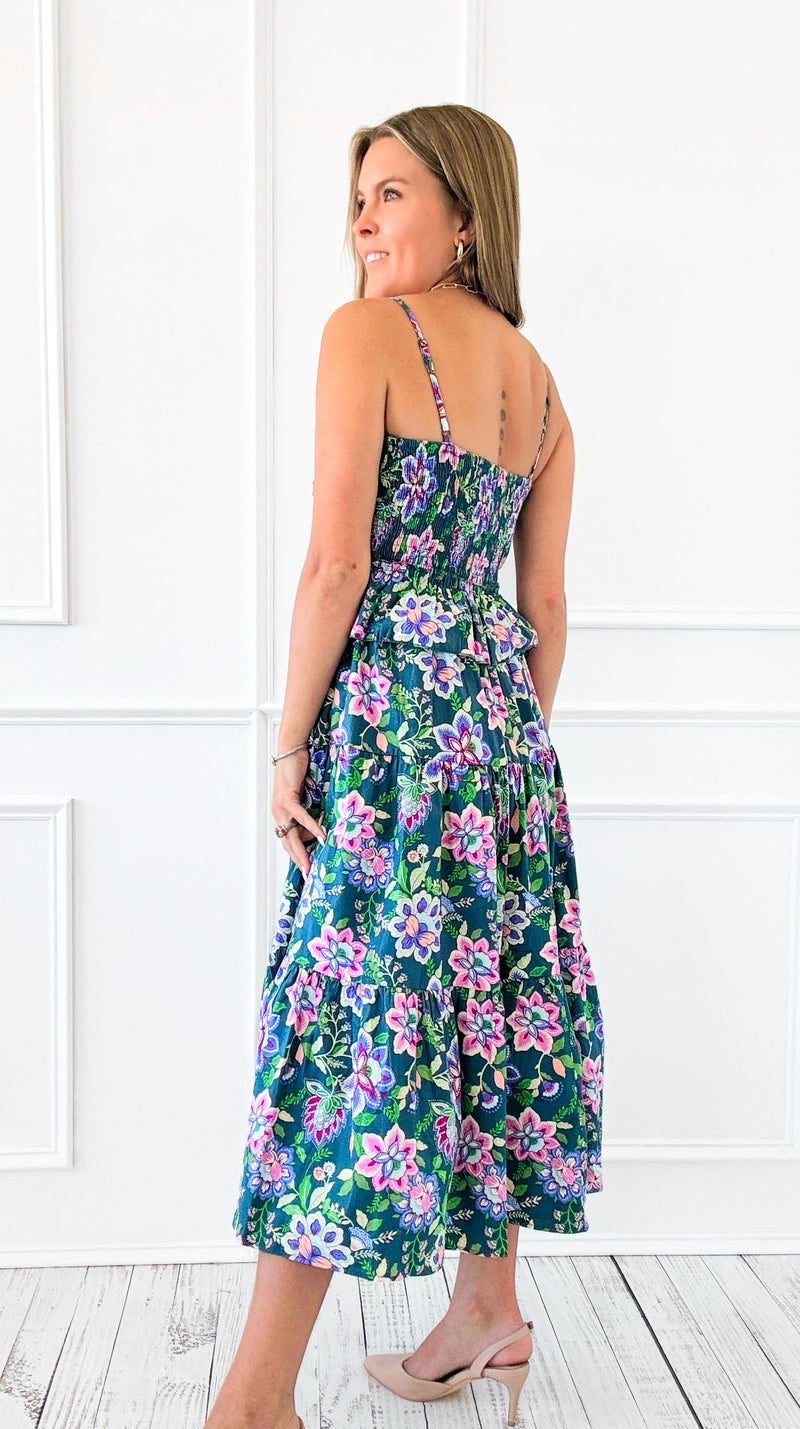 Garden Muse Smocked Floral Midi Dress-200 Dresses/Jumpsuits/Rompers-listicle-Coastal Bloom Boutique, find the trendiest versions of the popular styles and looks Located in Indialantic, FL