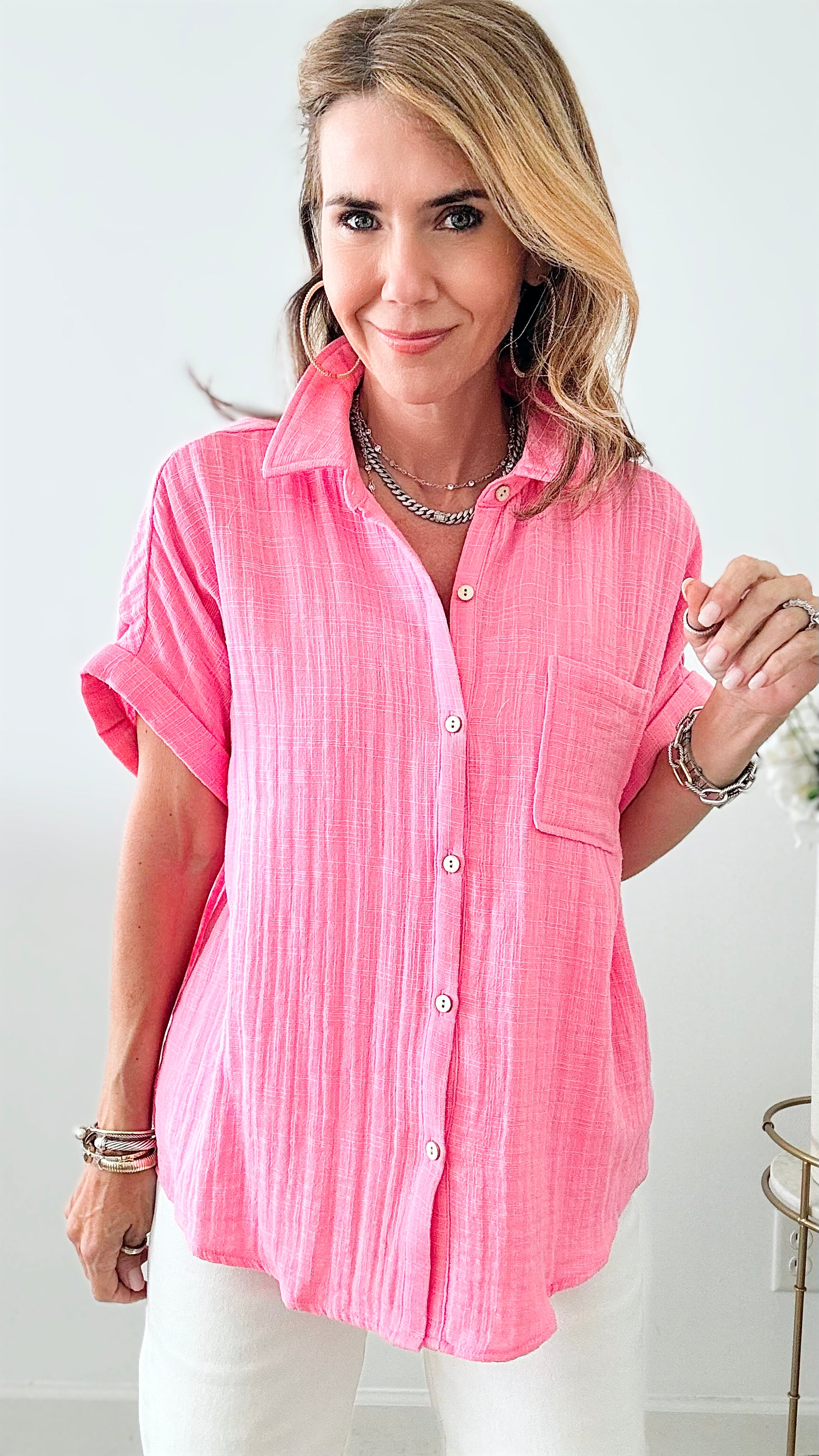 Gauze Button Down Top-Bubble Pink-110 Short Sleeve Tops-EESOME-Coastal Bloom Boutique, find the trendiest versions of the popular styles and looks Located in Indialantic, FL