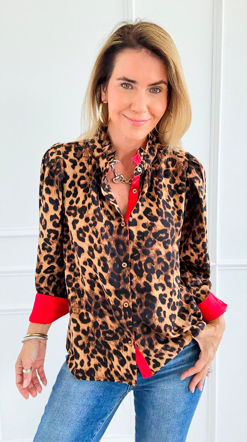 Wild Ruffle Neck Button Down Blouse Top-110 Long Sleeve Tops-JODIFL-Coastal Bloom Boutique, find the trendiest versions of the popular styles and looks Located in Indialantic, FL