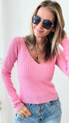 Ribbed V Neck Sweater - Pink-140 Sweaters-Michel-Coastal Bloom Boutique, find the trendiest versions of the popular styles and looks Located in Indialantic, FL