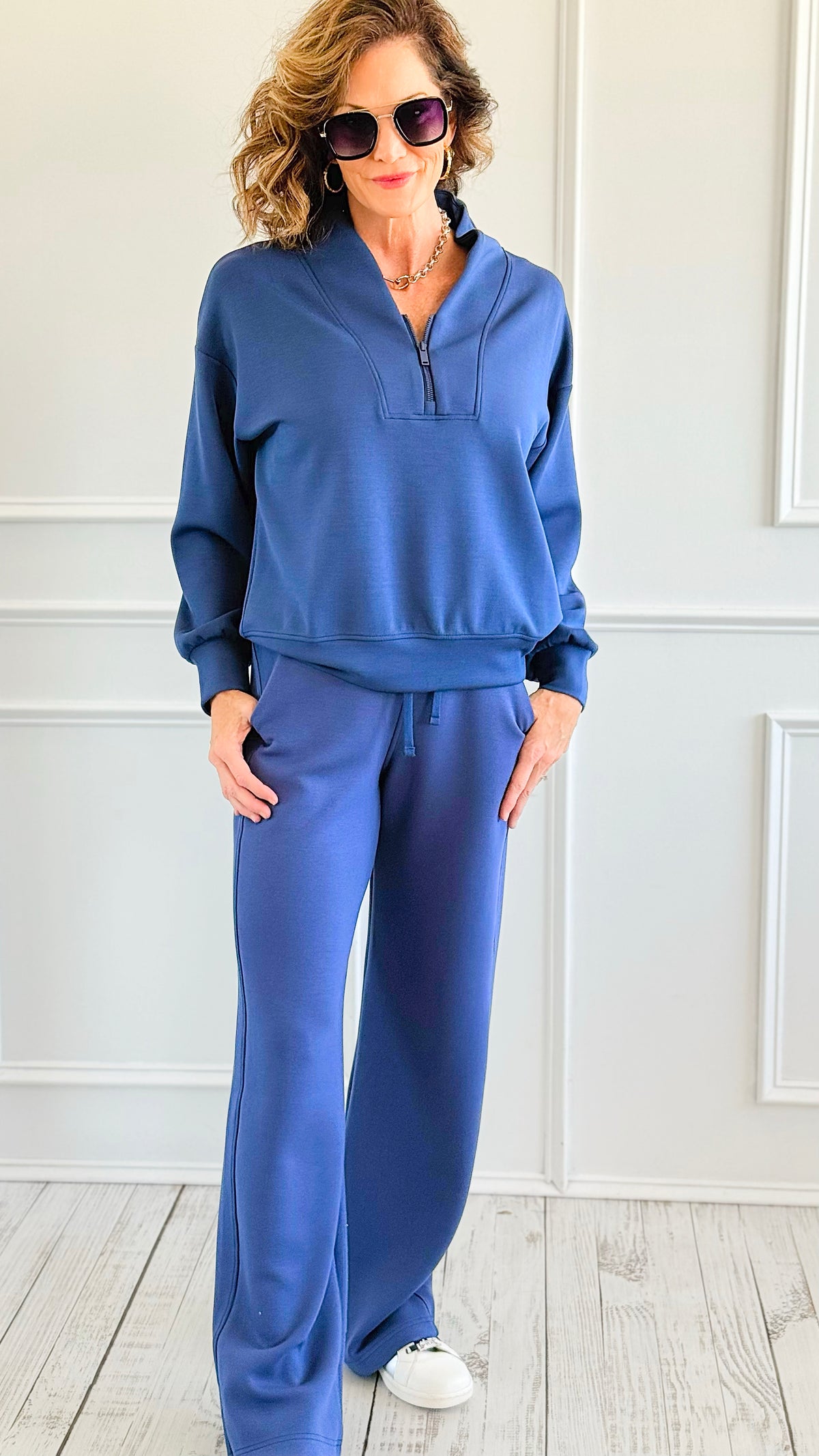 Scuba Luxe Zip Top & Pant Set-Smoky Navy-210 Loungewear/Sets-RAE MODE-Coastal Bloom Boutique, find the trendiest versions of the popular styles and looks Located in Indialantic, FL