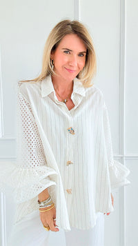 Whimsy Watch Button Detail Ruffle Bell Sleeve Italian Blouse-110 Long Sleeve Tops-TATTOO Z-Coastal Bloom Boutique, find the trendiest versions of the popular styles and looks Located in Indialantic, FL