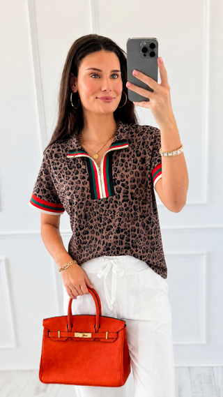 Leopard Print Striped Trim Quarter Zip Top