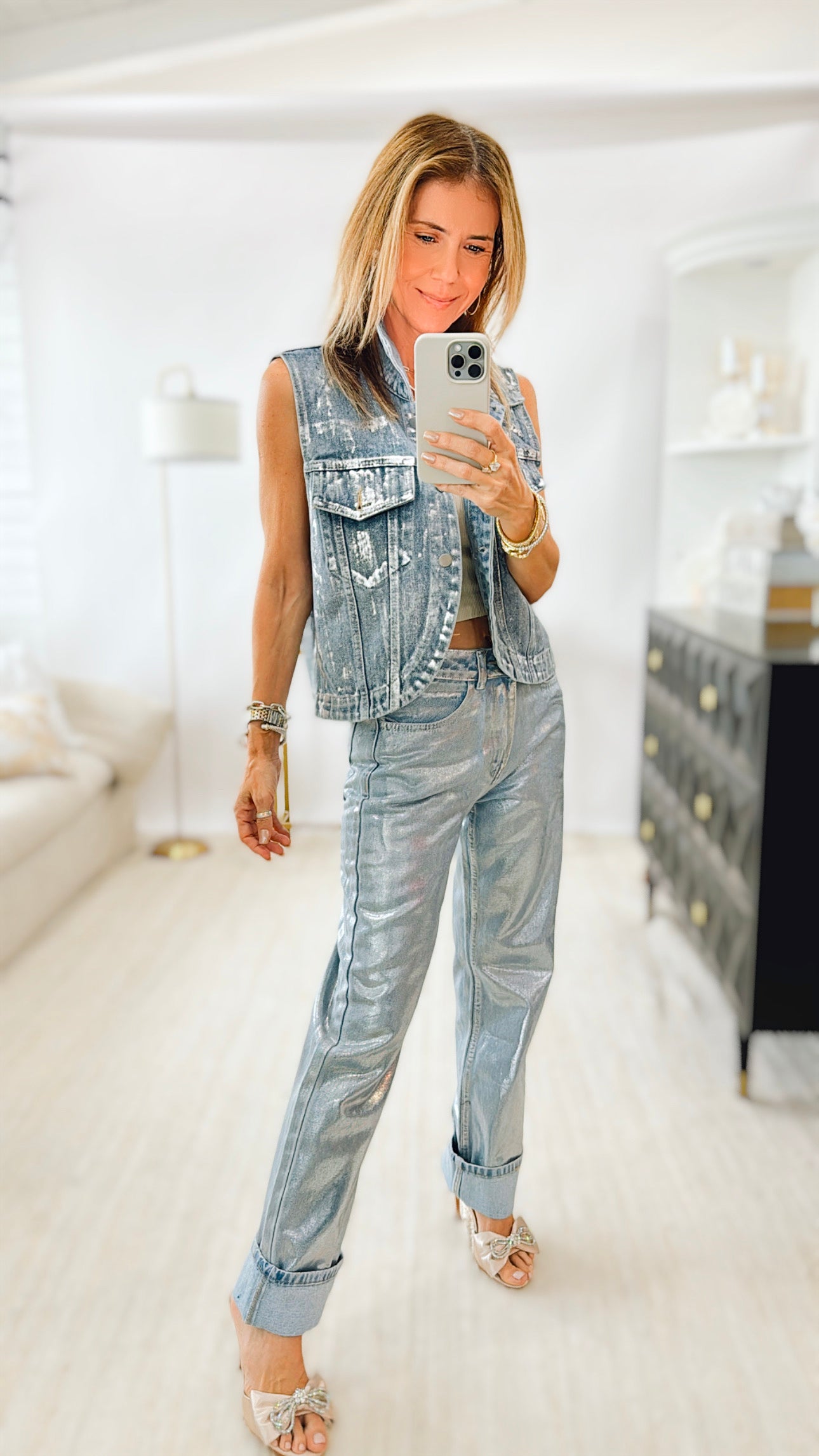 Stop the Show Metallic Denim Vest - Silver-160 Jackets-pastel design-Coastal Bloom Boutique, find the trendiest versions of the popular styles and looks Located in Indialantic, FL