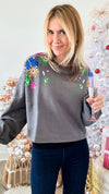 Sequin Christmas Ornament Crop Sweatshirt - Charcoal-140 Sweaters-Peach Love California-Coastal Bloom Boutique, find the trendiest versions of the popular styles and looks Located in Indialantic, FL