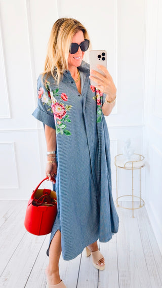 Botanical Contrast Stripe Italian Button Long Dress