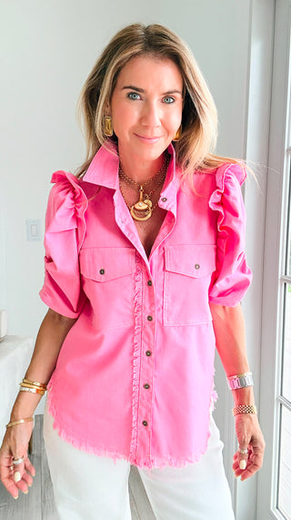 Linen Ruffle Button-Up Shirt - Bubblegum