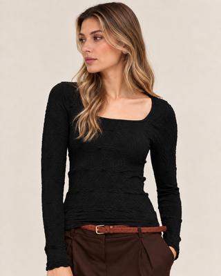 Floral Textured Square Neck Top - Black