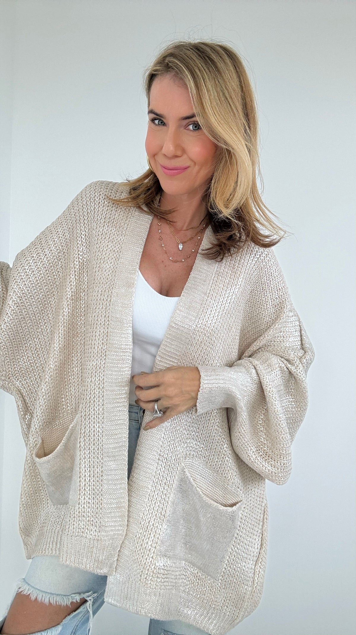 Mirrored Metallic Sugar High Italian Cardigan- Ecru/Silver-150 Cardigan Layers-Italianissimo-Coastal Bloom Boutique, find the trendiest versions of the popular styles and looks Located in Indialantic, FL