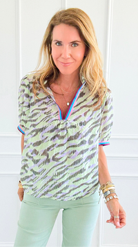 Savanna Breeze Striped Trim Blouse-110 short Sleeve Top-VOY-Coastal Bloom Boutique, find the trendiest versions of the popular styles and looks Located in Indialantic, FL