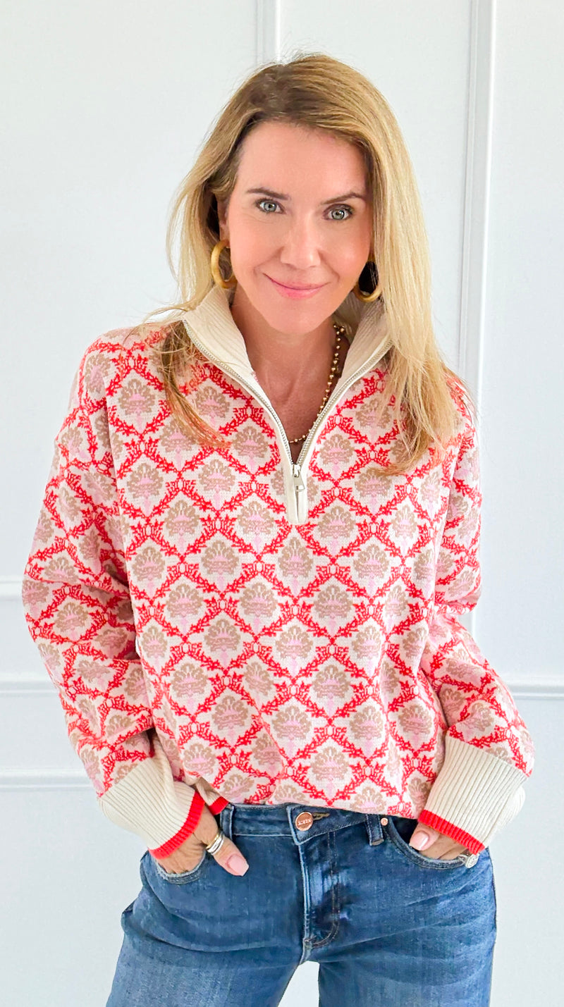 Tri-Bloom Zip Mock Sweater-Cream/Orange-140 Sweaters-&MERCI-Coastal Bloom Boutique, find the trendiest versions of the popular styles and looks Located in Indialantic, FL